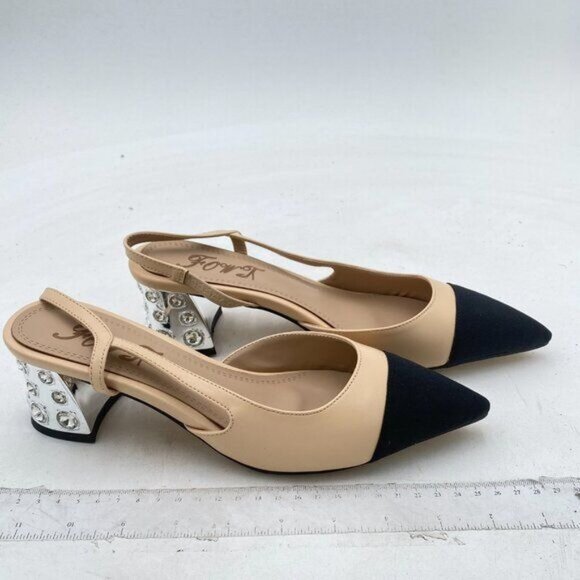 FOWT Light Apricot Rhinestone Chunky Heel Pumps Pointed Cap Toe Slingback Sandal - Picture 4 of 8